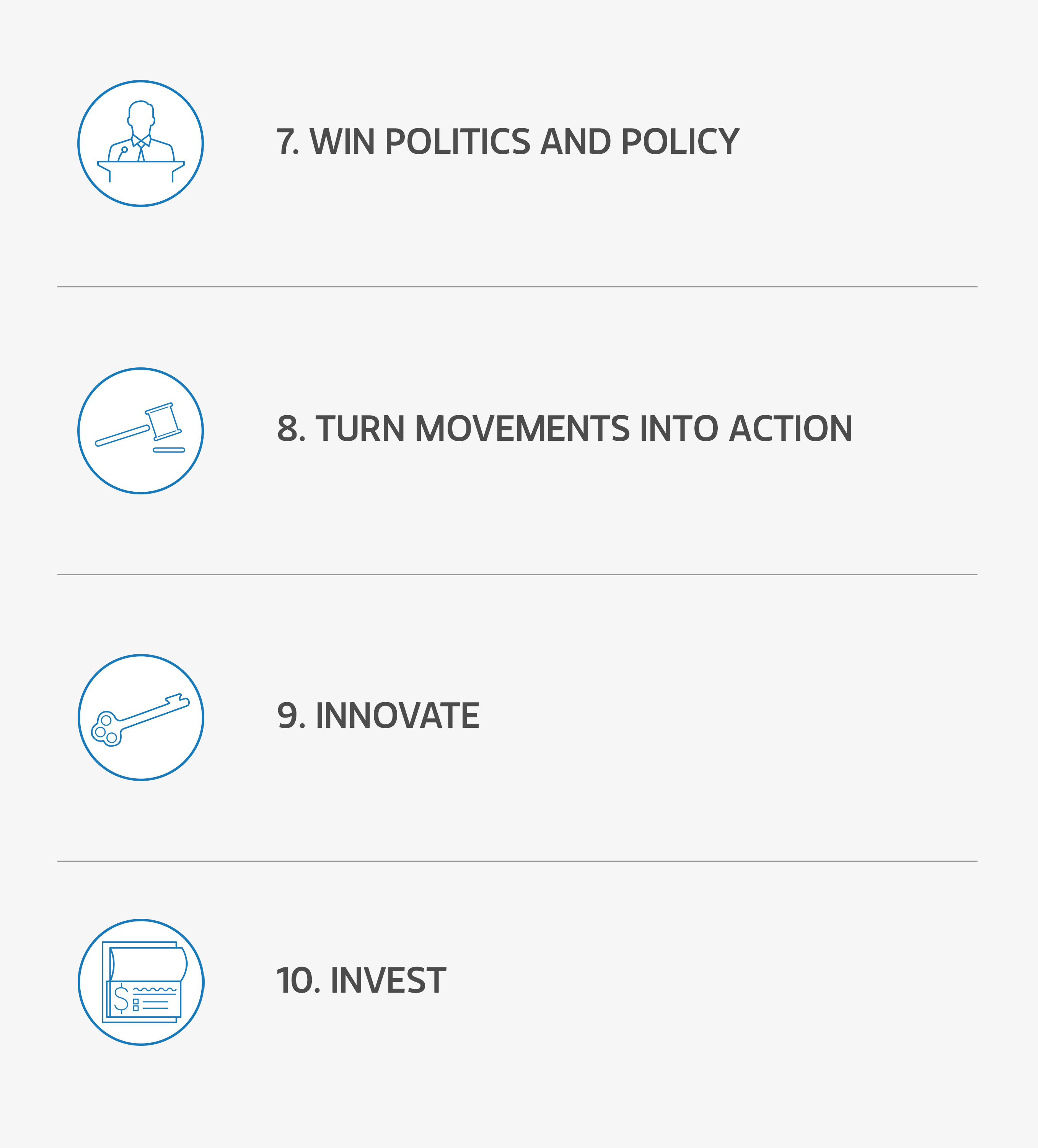 7. Win politics and policy 8. Turn movements into action 9. Innovate 10. Invest